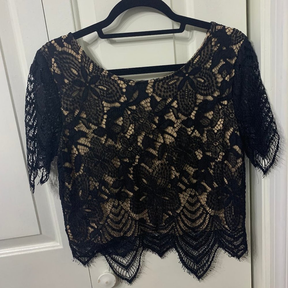 Express Black Lace Top with Nude Underlay - Picture 2 of 4